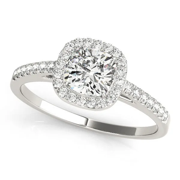 14K White Gold Cushion Cut Diamond Halo Cathedral Engagement Ring With Pave Accent Diamonds