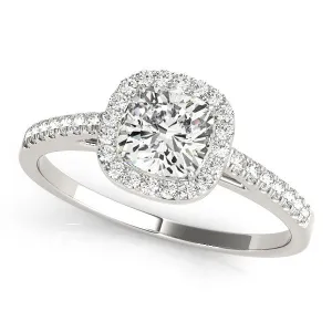 14K White Gold Cushion Cut Diamond Halo Cathedral Engagement Ring With Pave Accent Diamonds