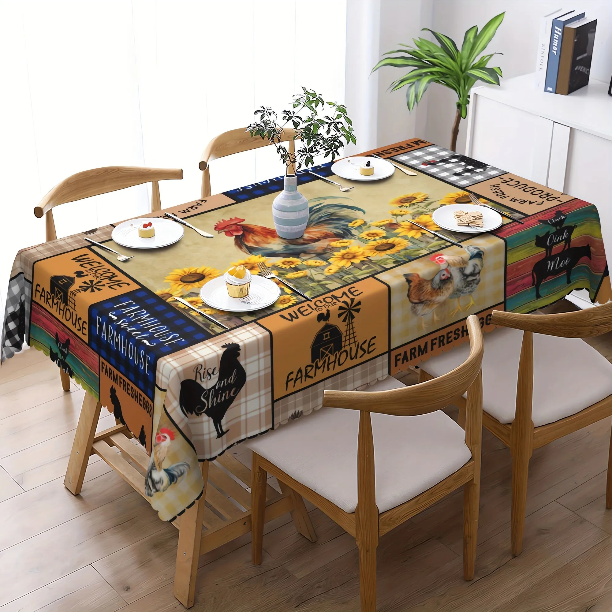 1pc Vibrant Sunflower Chicken Poultry Printed Rustic Farmhouse Style Tablecloth - Stain-Resistant, Waterproof, Wrinkle-Free, Embossed Edges - Perfect for Daily Home Use, Easy to Clean, and Maintain
