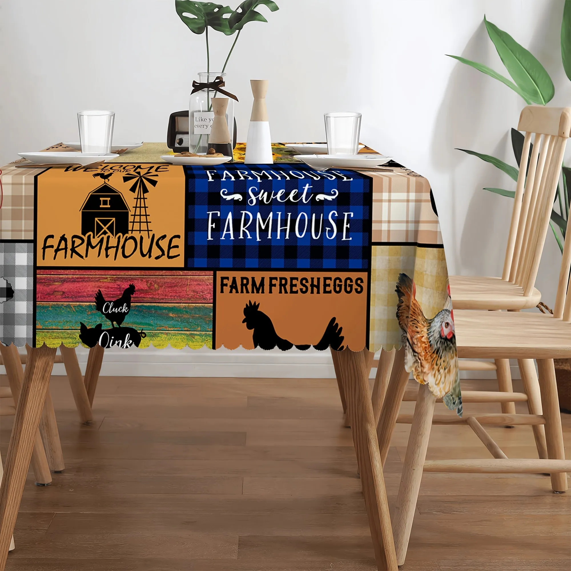 1pc Vibrant Sunflower Chicken Poultry Printed Rustic Farmhouse Style Tablecloth - Stain-Resistant, Waterproof, Wrinkle-Free, Embossed Edges - Perfect for Daily Home Use, Easy to Clean, and Maintain