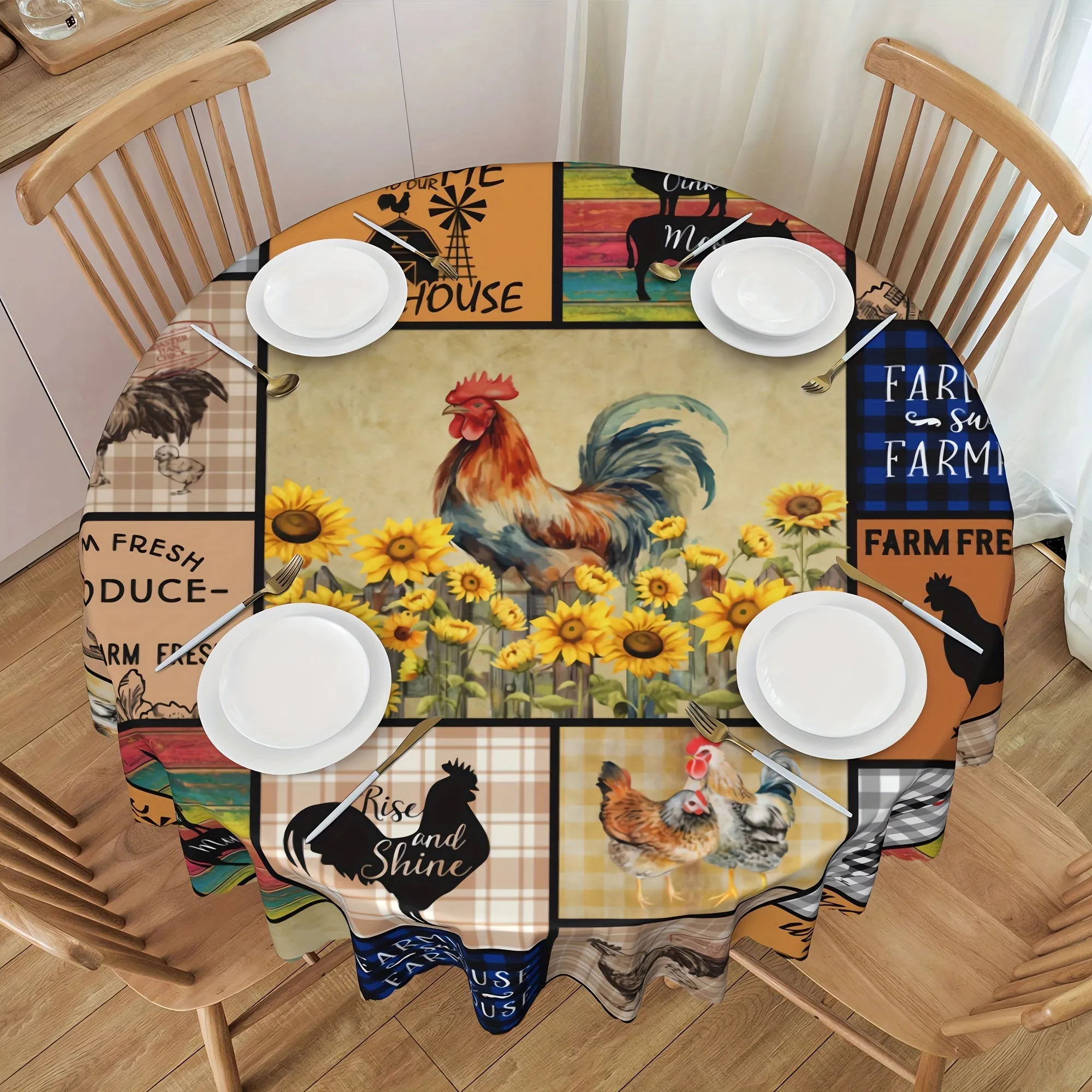 1pc Vibrant Sunflower Chicken Poultry Printed Rustic Farmhouse Style Tablecloth - Stain-Resistant, Waterproof, Wrinkle-Free, Embossed Edges - Perfect for Daily Home Use, Easy to Clean, and Maintain