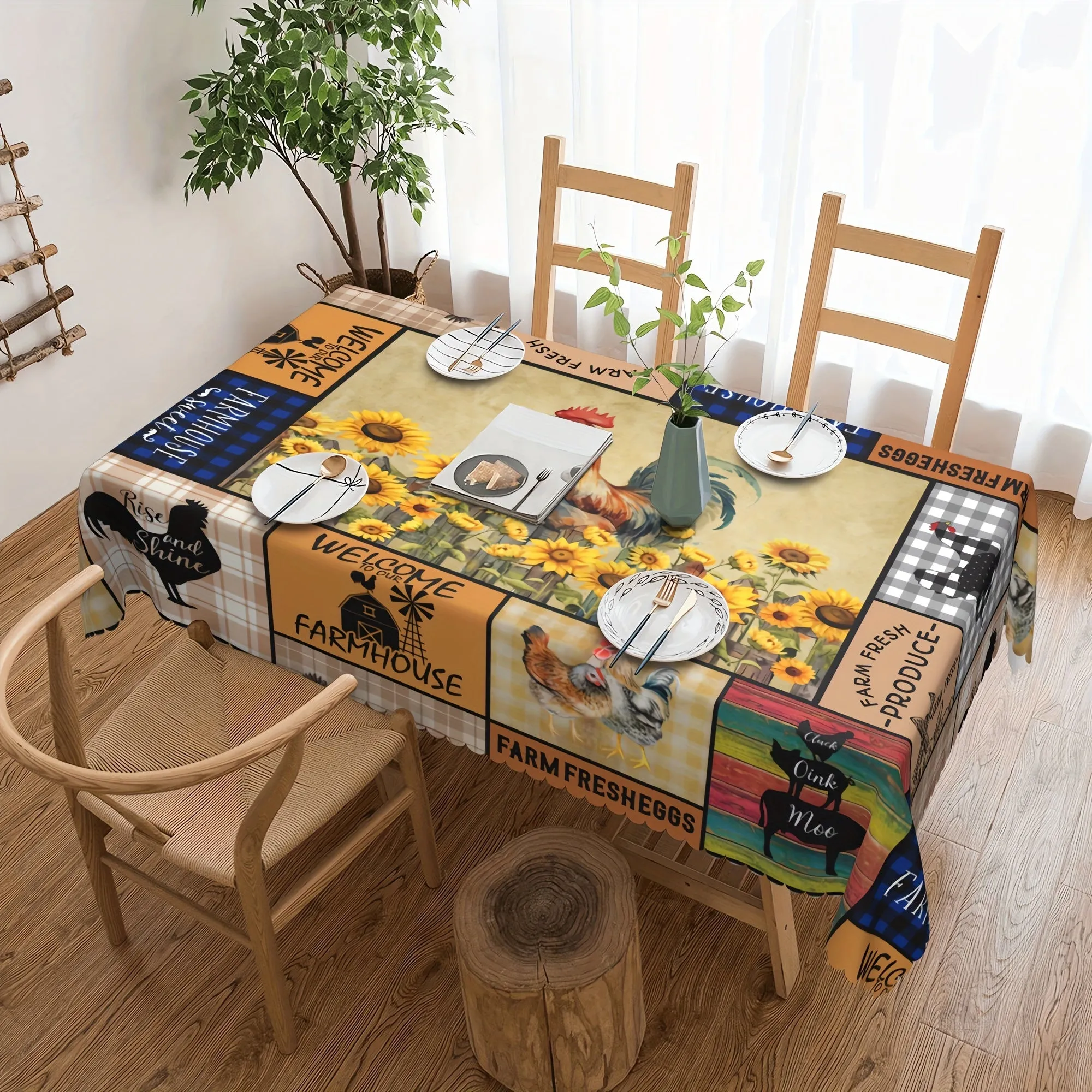 1pc Vibrant Sunflower Chicken Poultry Printed Rustic Farmhouse Style Tablecloth - Stain-Resistant, Waterproof, Wrinkle-Free, Embossed Edges - Perfect for Daily Home Use, Easy to Clean, and Maintain
