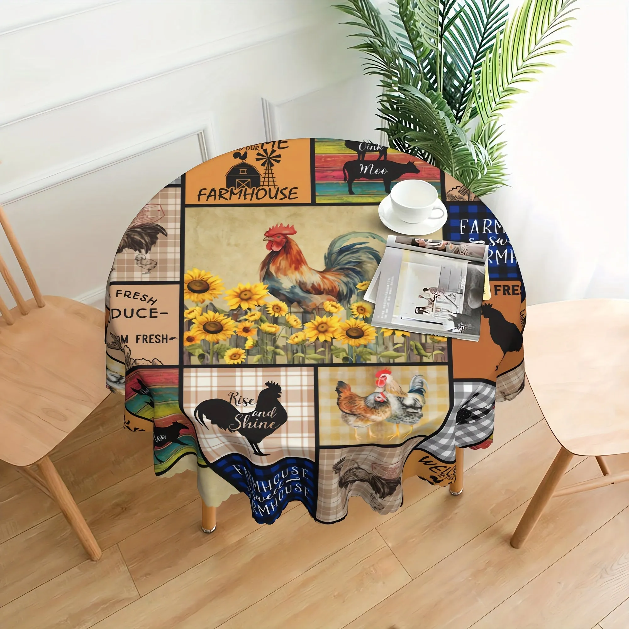 1pc Vibrant Sunflower Chicken Poultry Printed Rustic Farmhouse Style Tablecloth - Stain-Resistant, Waterproof, Wrinkle-Free, Embossed Edges - Perfect for Daily Home Use, Easy to Clean, and Maintain
