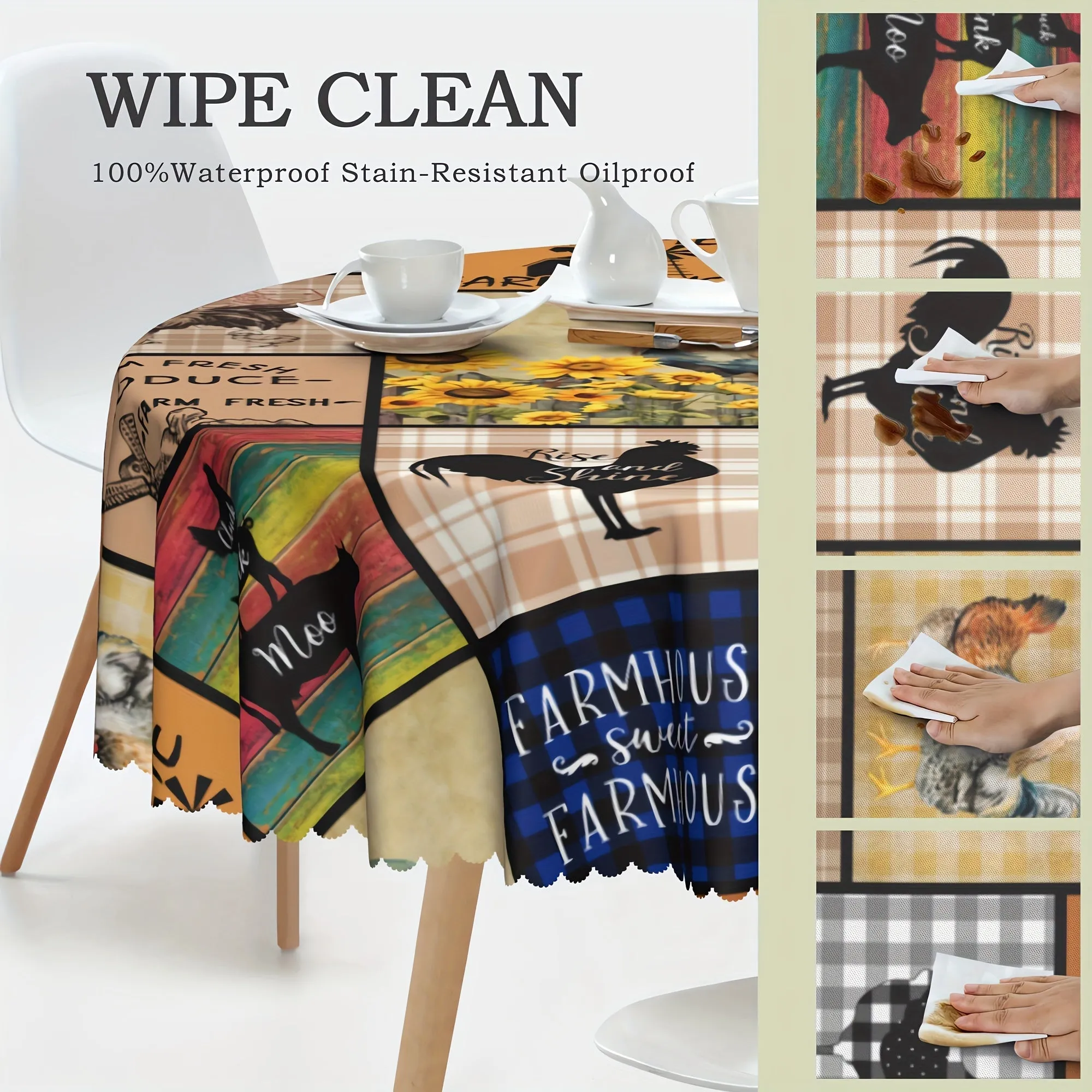 1pc Vibrant Sunflower Chicken Poultry Printed Rustic Farmhouse Style Tablecloth - Stain-Resistant, Waterproof, Wrinkle-Free, Embossed Edges - Perfect for Daily Home Use, Easy to Clean, and Maintain