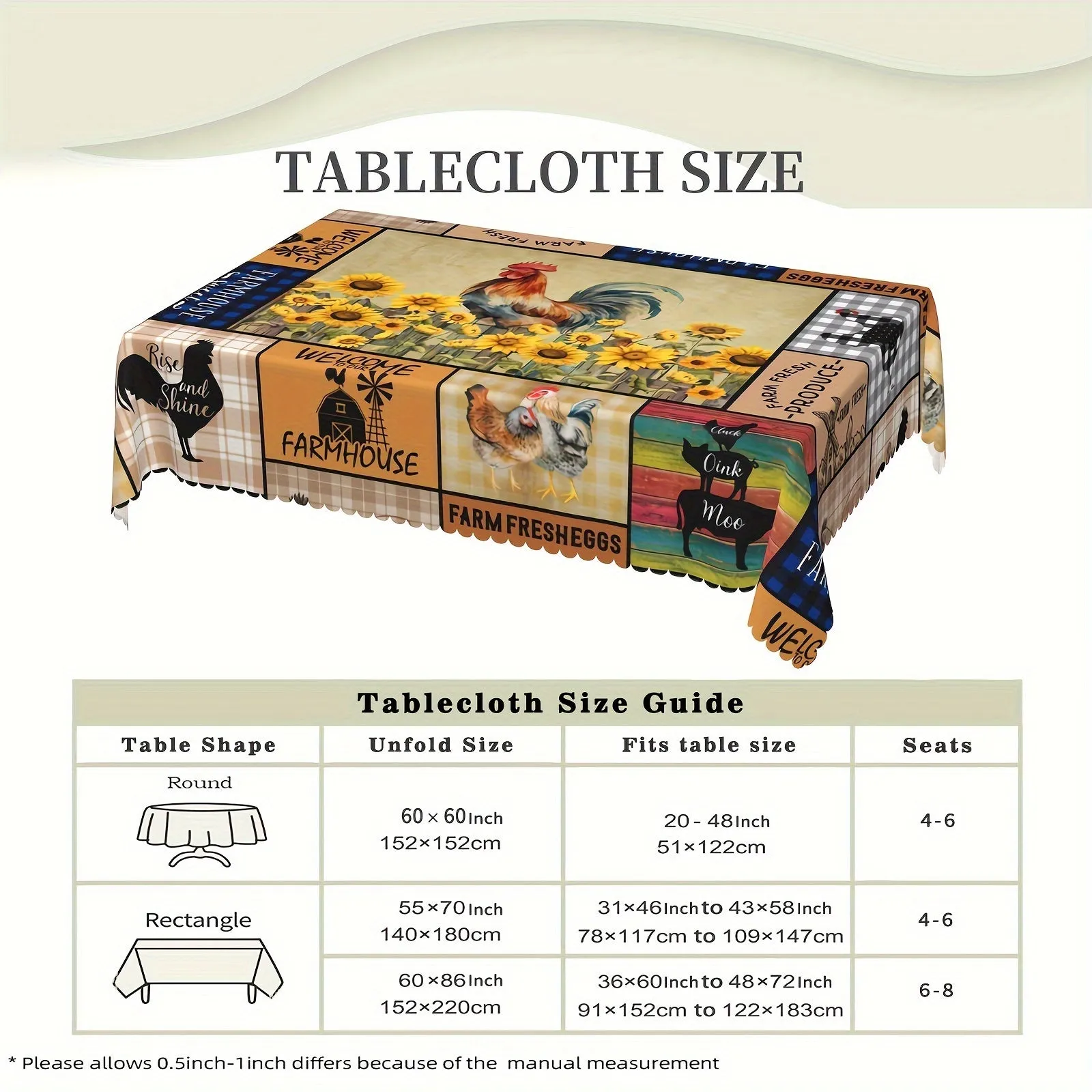 1pc Vibrant Sunflower Chicken Poultry Printed Rustic Farmhouse Style Tablecloth - Stain-Resistant, Waterproof, Wrinkle-Free, Embossed Edges - Perfect for Daily Home Use, Easy to Clean, and Maintain