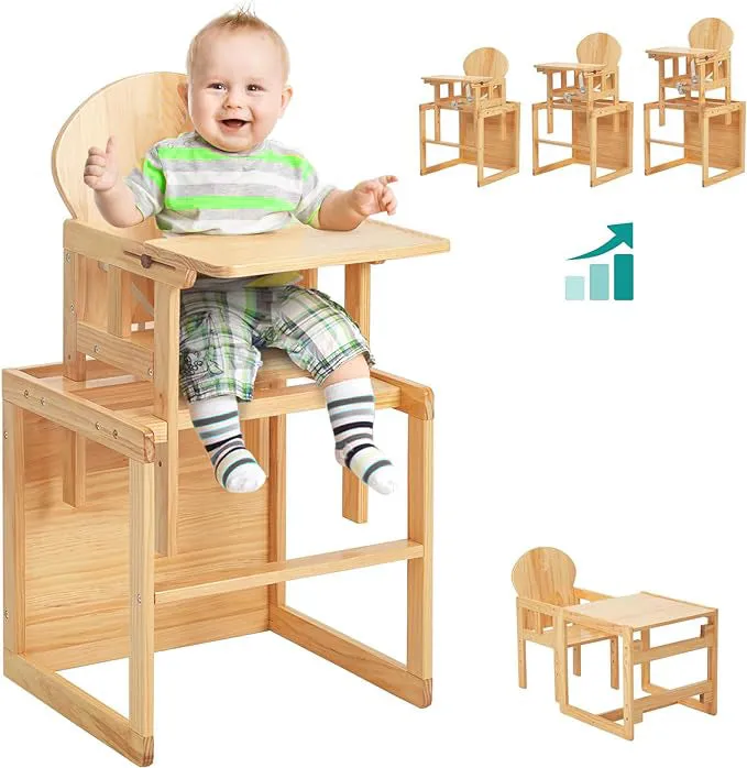 2-in-1 Deluxe Eco Wood Wood Height Adjustable Combination Baby High Chair | Table & Chair Set | Natural | 6 months - 6 Years