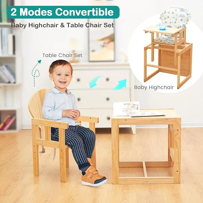 2-in-1 Deluxe Eco Wood Wood Height Adjustable Combination Baby High Chair | Table & Chair Set | Natural | 6 months - 6 Years