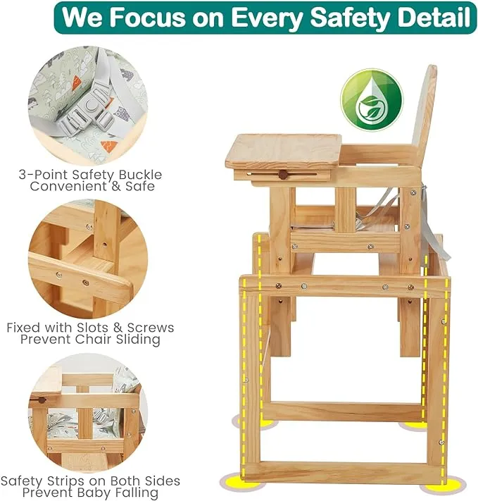 2-in-1 Deluxe Eco Wood Wood Height Adjustable Combination Baby High Chair | Table & Chair Set | Natural | 6 months - 6 Years