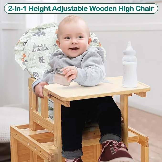 2-in-1 Deluxe Eco Wood Wood Height Adjustable Combination Baby High Chair | Table & Chair Set | Natural | 6 months - 6 Years