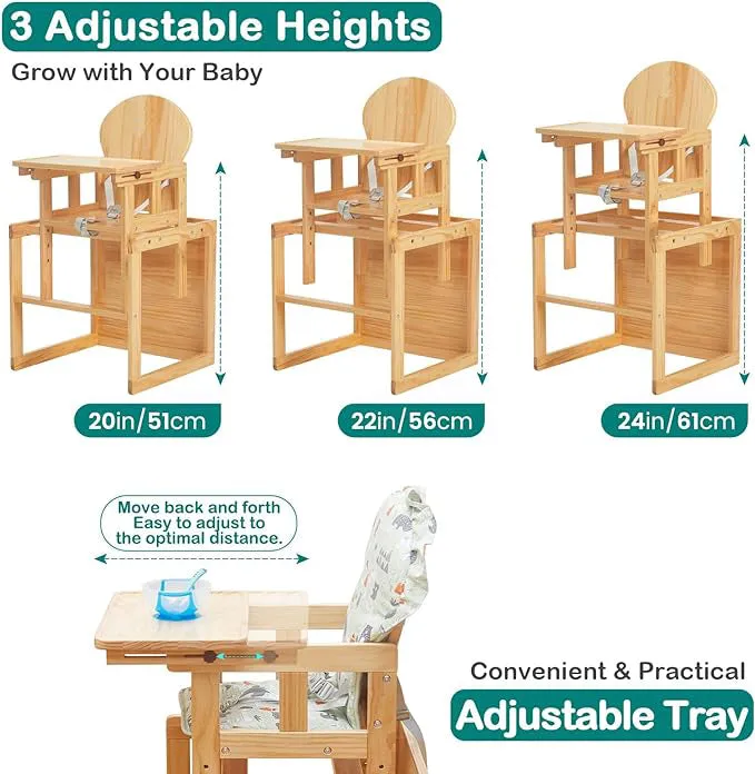 2-in-1 Deluxe Eco Wood Wood Height Adjustable Combination Baby High Chair | Table & Chair Set | Natural | 6 months - 6 Years