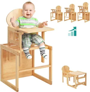 2-in-1 Deluxe Eco Wood Wood Height Adjustable Combination Baby High Chair | Table & Chair Set | Natural | 6 months - 6 Years