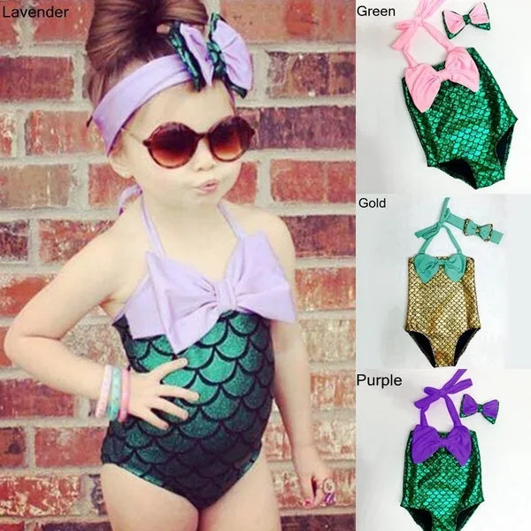 2 Pcs/ Set Swimwear  Hairband Girls Mermaid Bikini Set Swimwear Swimsuit Bathing Suit Costume Kids Toddler Girls Bathing Suits