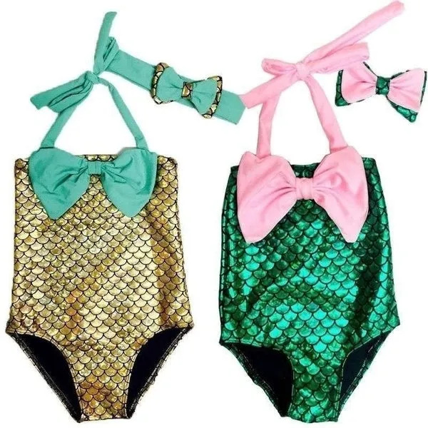 2 Pcs/ Set Swimwear  Hairband Girls Mermaid Bikini Set Swimwear Swimsuit Bathing Suit Costume Kids Toddler Girls Bathing Suits