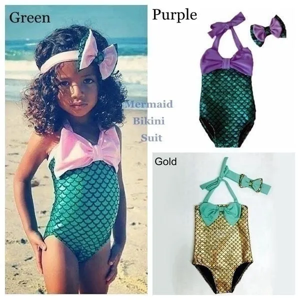 2 Pcs/ Set Swimwear  Hairband Girls Mermaid Bikini Set Swimwear Swimsuit Bathing Suit Costume Kids Toddler Girls Bathing Suits