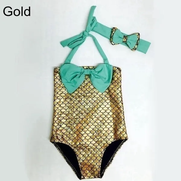 2 Pcs/ Set Swimwear  Hairband Girls Mermaid Bikini Set Swimwear Swimsuit Bathing Suit Costume Kids Toddler Girls Bathing Suits