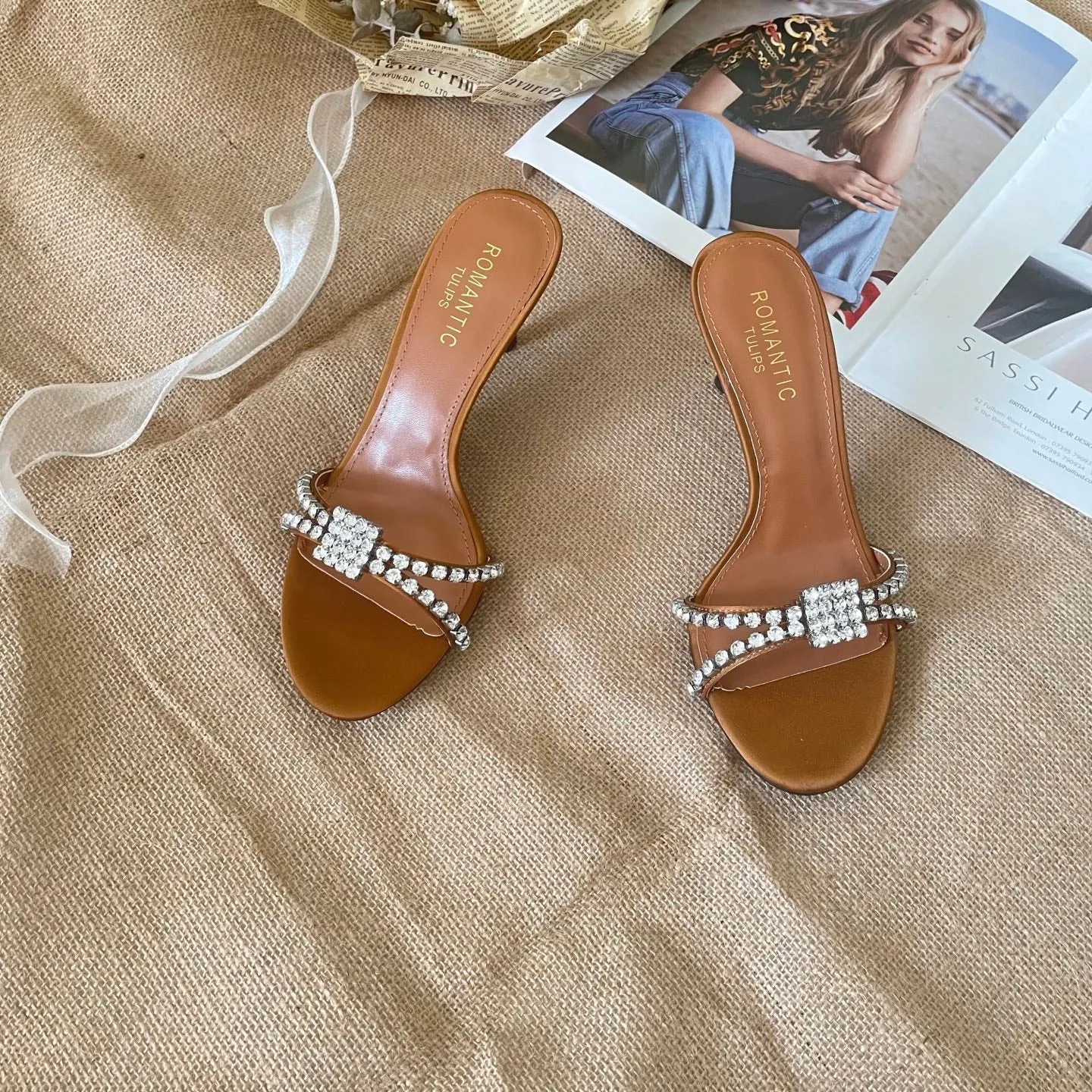 2025 new rhinestone high heel slippers