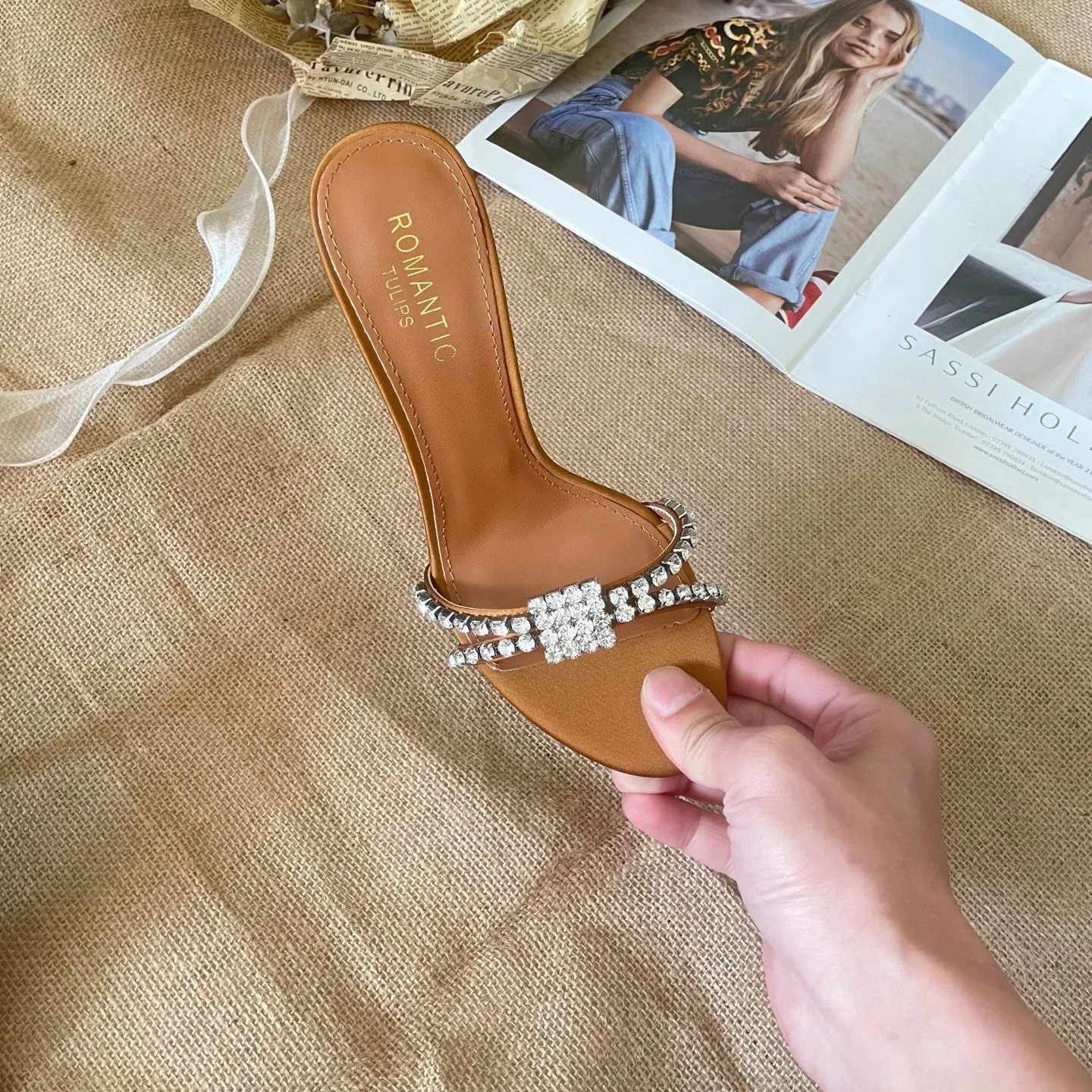 2025 new rhinestone high heel slippers