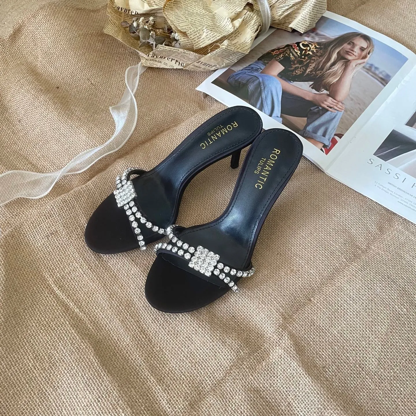 2025 new rhinestone high heel slippers