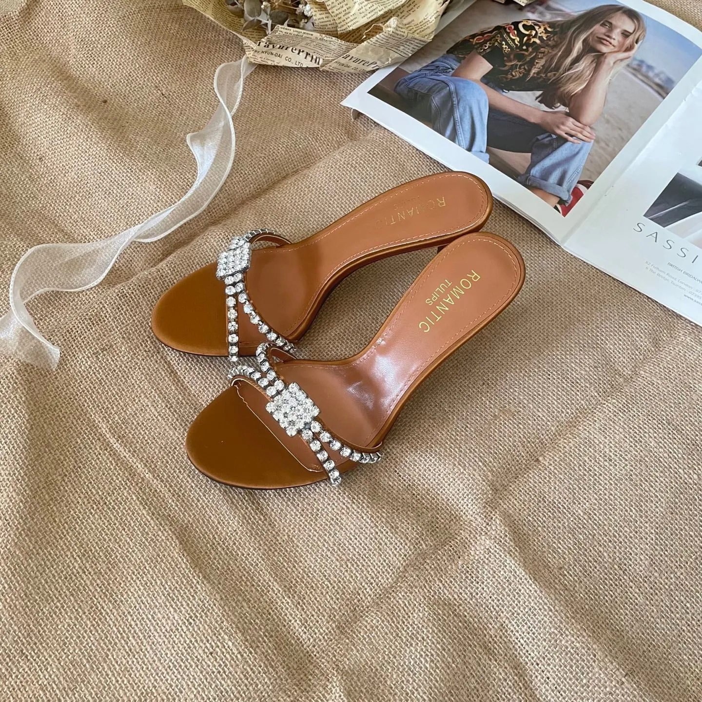 2025 new rhinestone high heel slippers