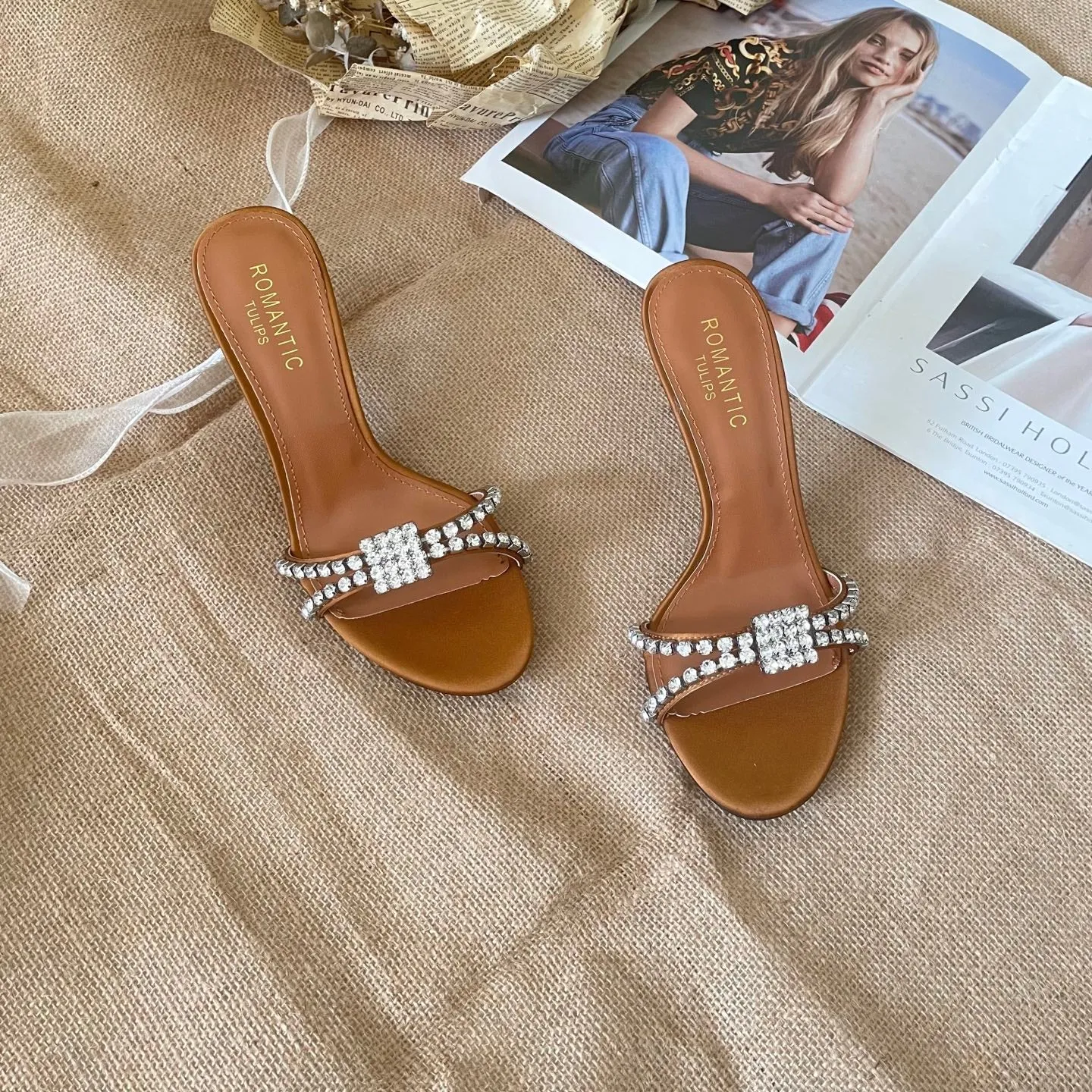 2025 new rhinestone high heel slippers