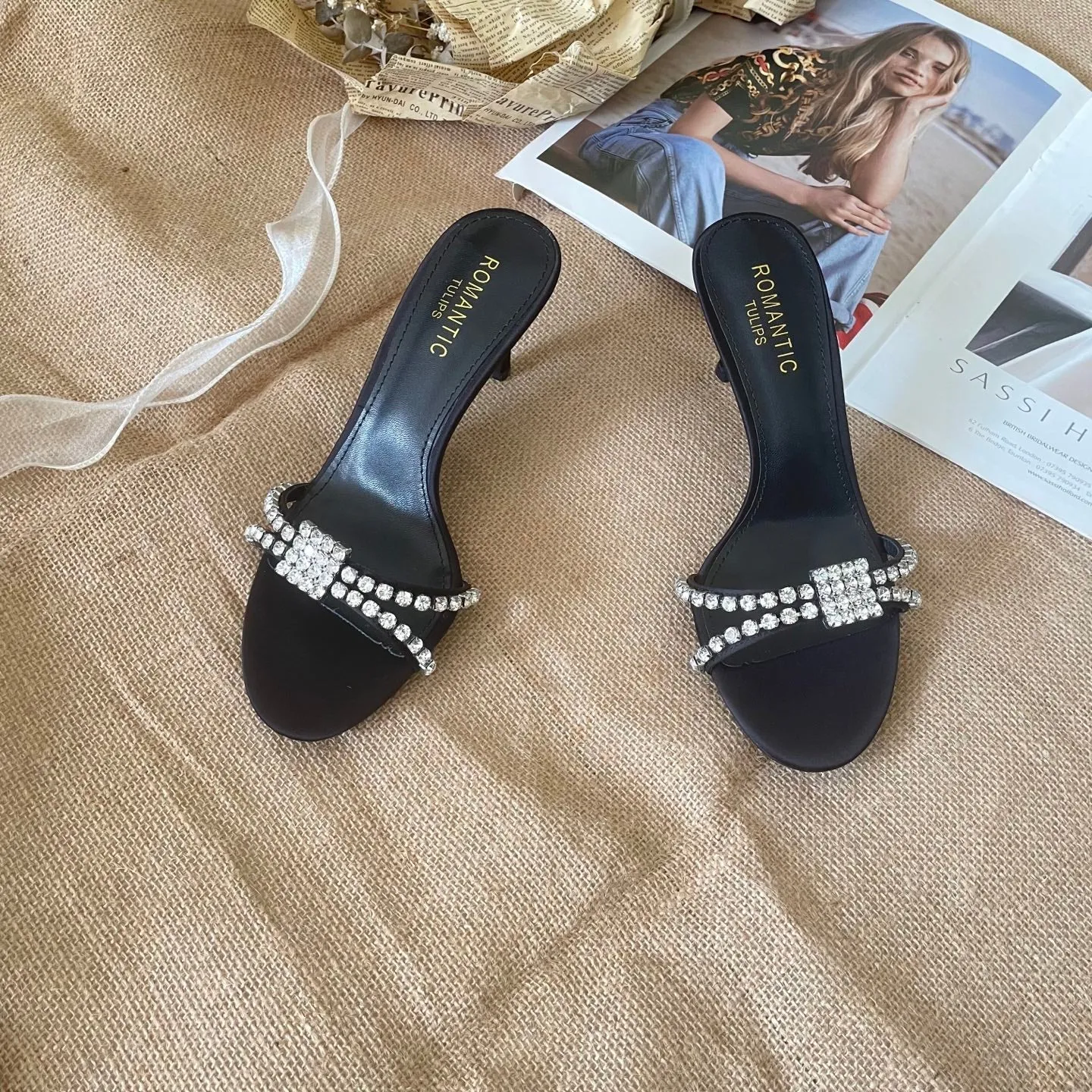 2025 new rhinestone high heel slippers