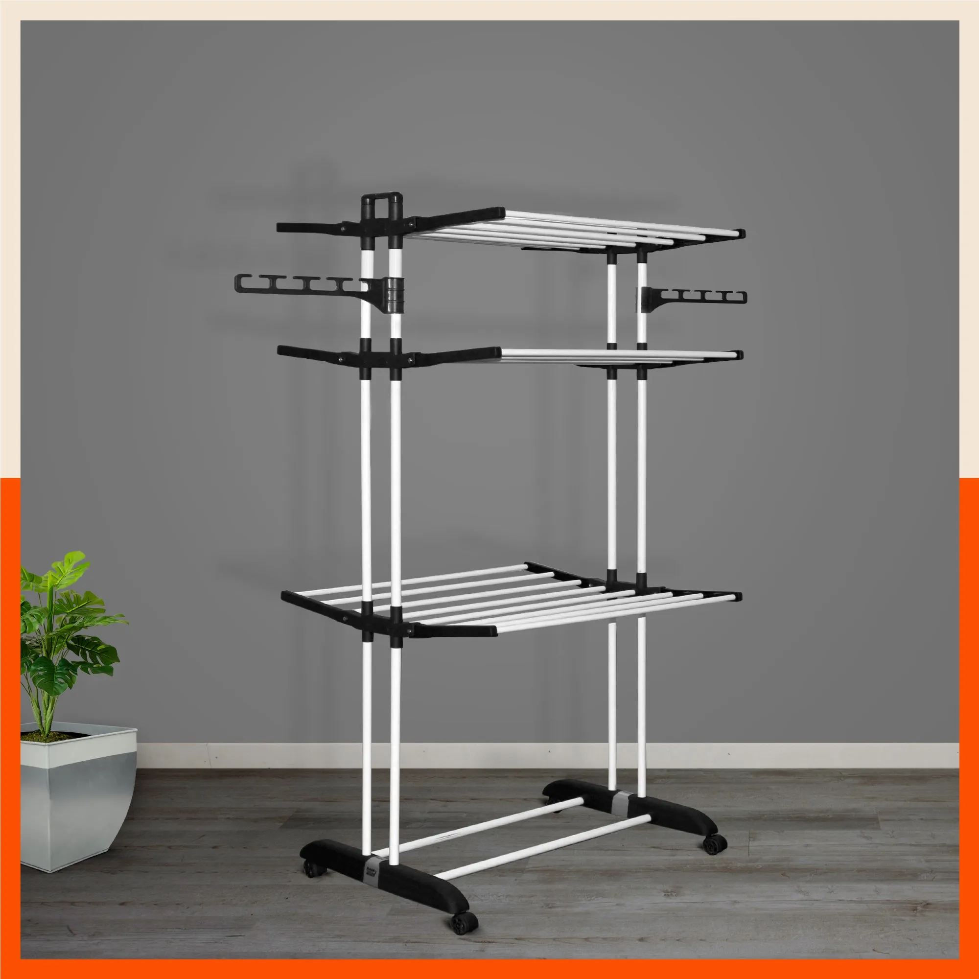 Bathla Mobidry Terra 3 Level Steel Modular Cloth Drying Stand For Home (Black - Large) Made in India