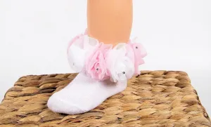 Beau Kid Rose Bud Diamanté Socks - Pink/White