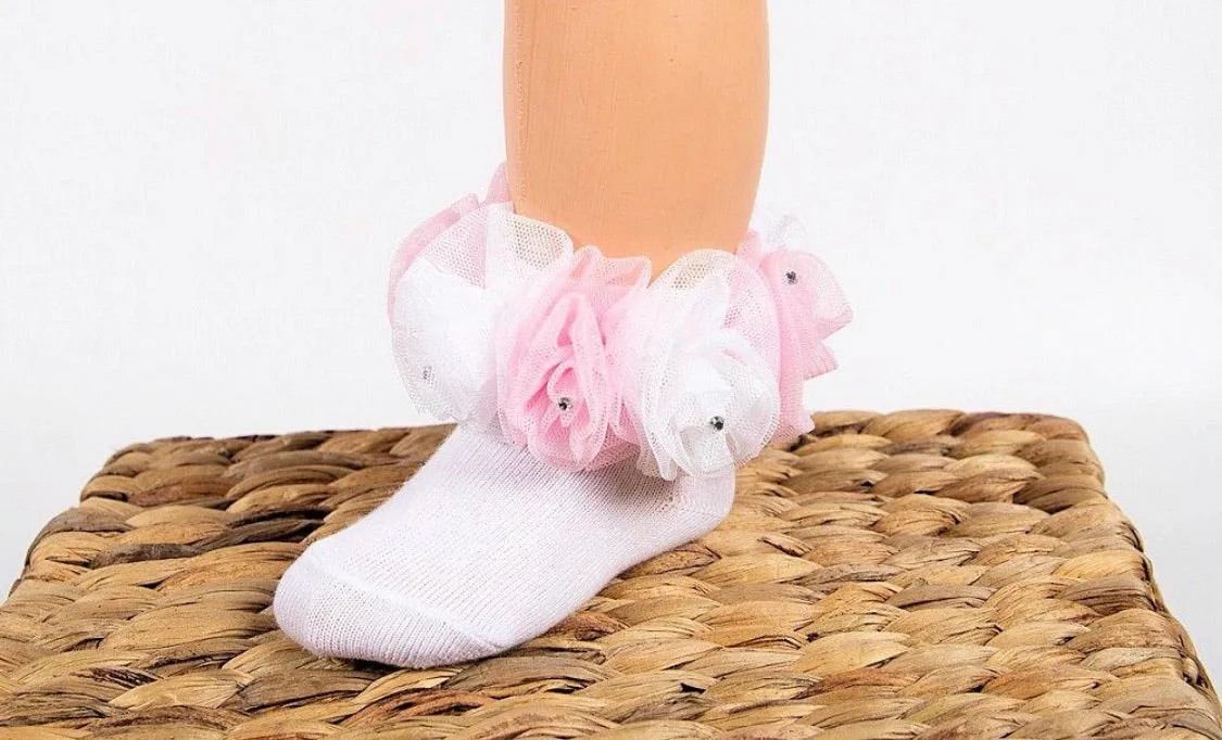 Beau Kid Rose Bud Diamanté Socks - Pink/White