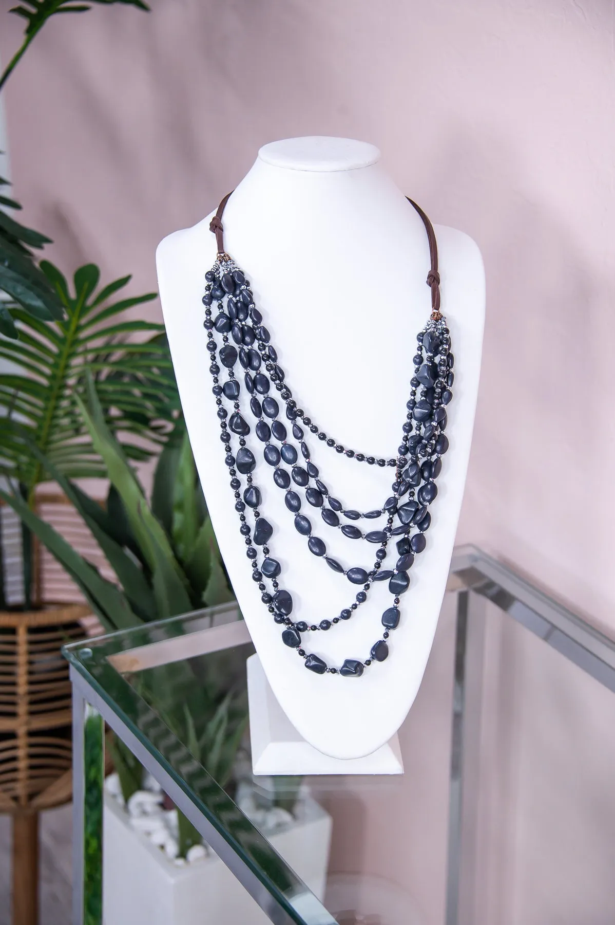 Black/Silver/Brown Multi-Layer Beaded/Cord Necklace - NEK4208BK