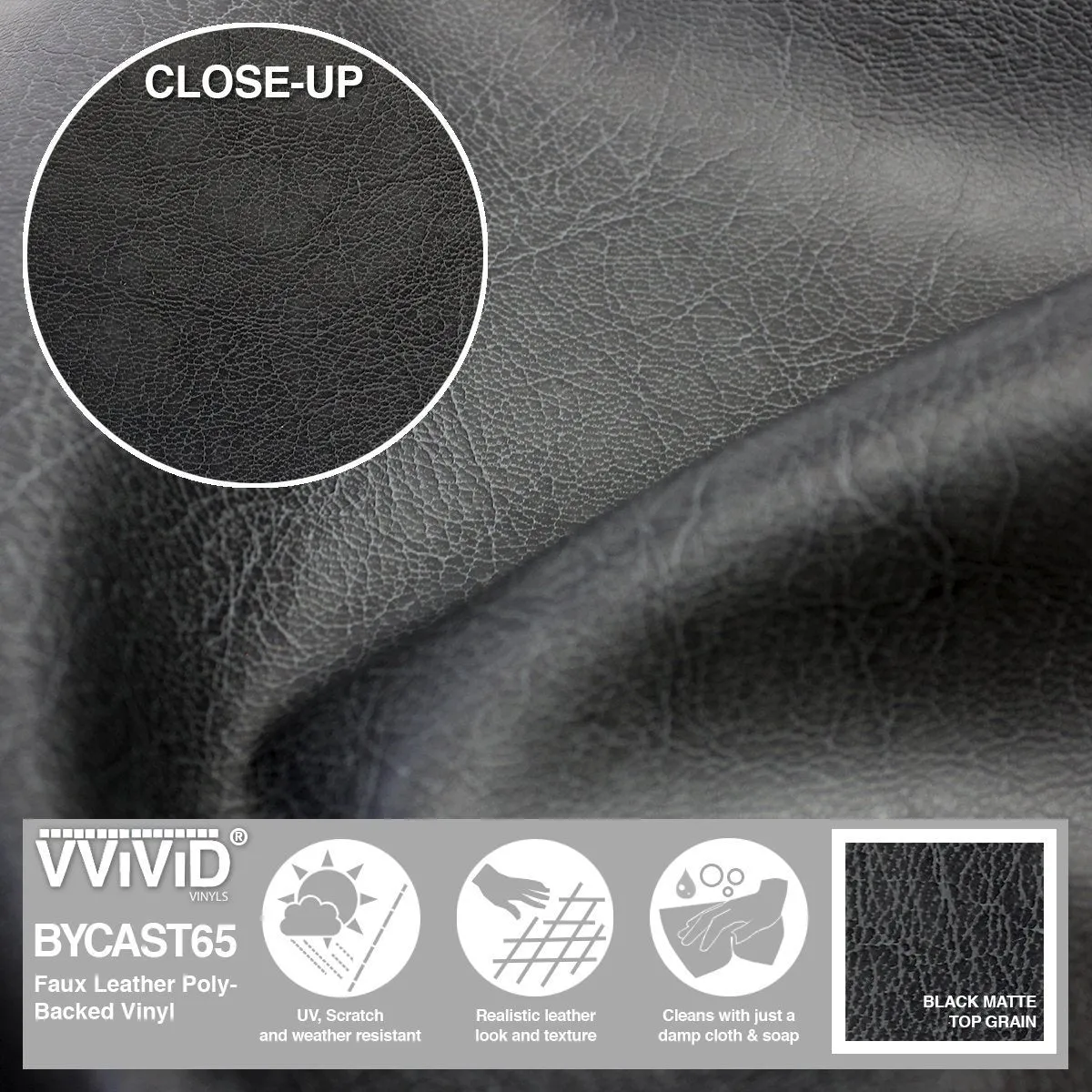 Bycast65 Black Matte Top-Grain Pattern Faux Leather Marine Vinyl Fabric