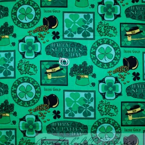 Cotton Fabric HY Green VTG Shamrock Clover Irish Gold Hat Horse Dot Kid