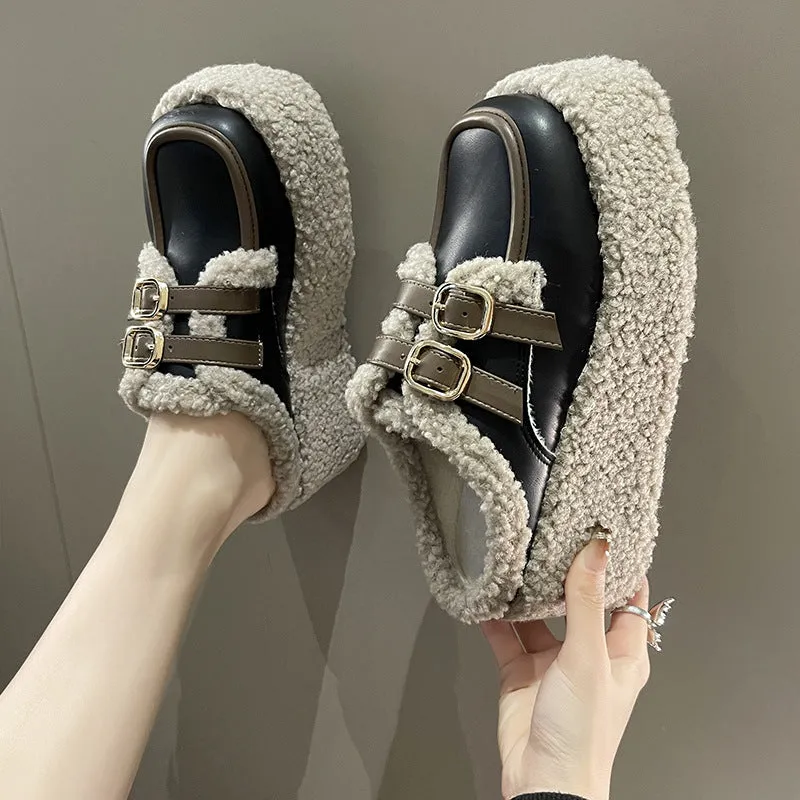 Fashion Korean Style Belt Buckle Outer Wear Fleece-lined Wedge Slippers