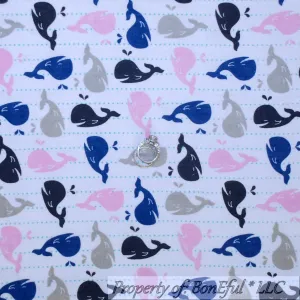 Flannel Fabric BTY White Baby Whale Ocean Sea Beach Stripe