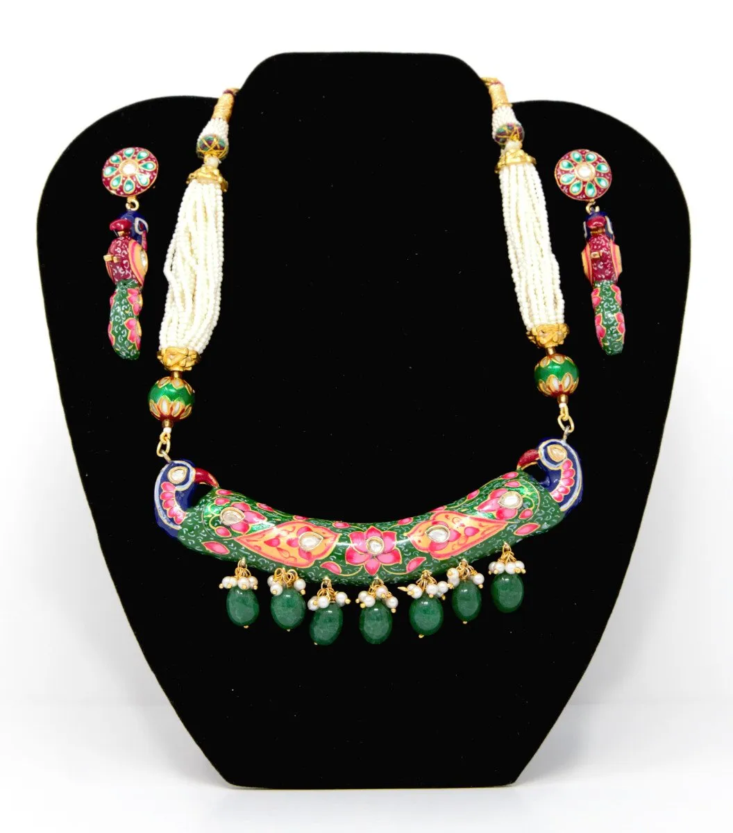 Green Meenakari Peacock Design Gold Necklace Set with Earrings