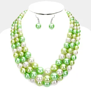Green Pearl (faux) Two Tone Triple Strand Necklace & Earring Set