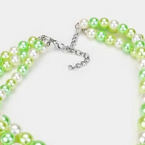 Green Pearl (faux) Two Tone Triple Strand Necklace & Earring Set