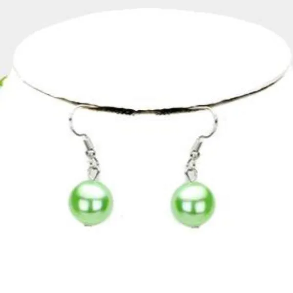 Green Pearl (faux) Two Tone Triple Strand Necklace & Earring Set