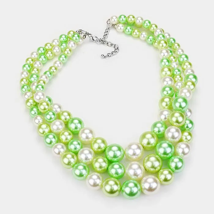 Green Pearl (faux) Two Tone Triple Strand Necklace & Earring Set