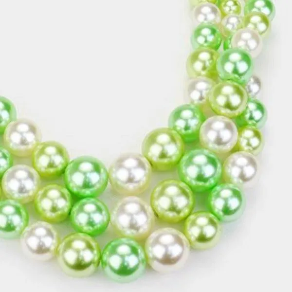Green Pearl (faux) Two Tone Triple Strand Necklace & Earring Set