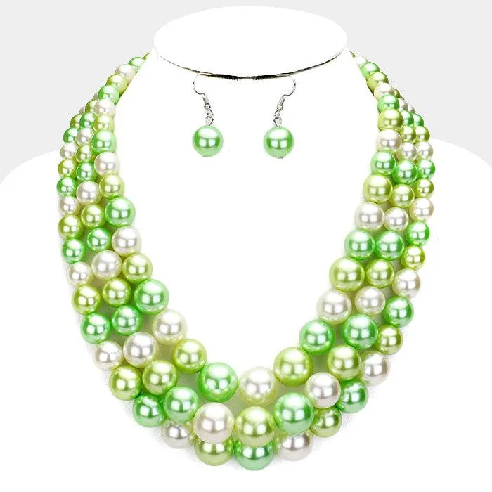 Green Pearl (faux) Two Tone Triple Strand Necklace & Earring Set