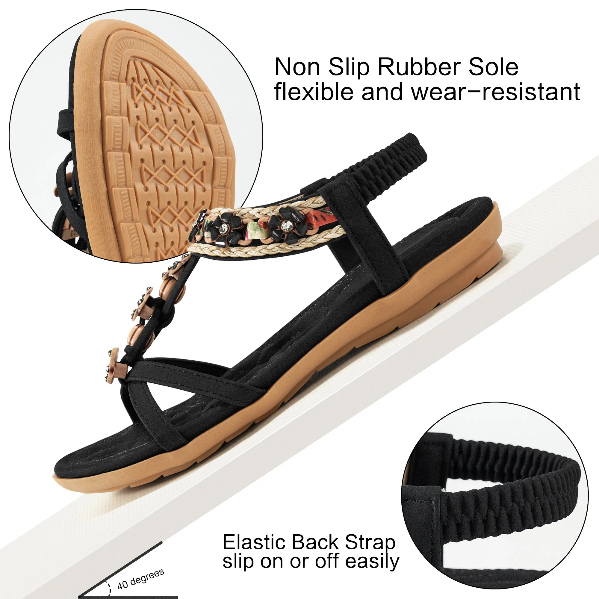 Hrence Womens Flat Sandals String Beads Arch Support Summer Comfort Sandal