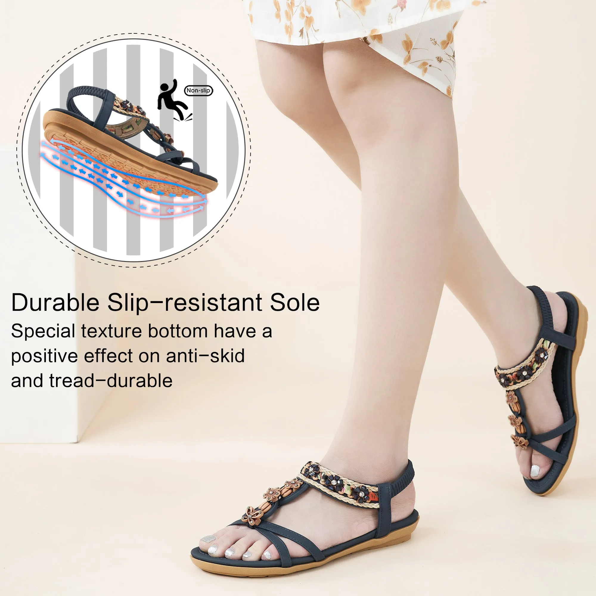 Hrence Womens Flat Sandals String Beads Arch Support Summer Comfort Sandal
