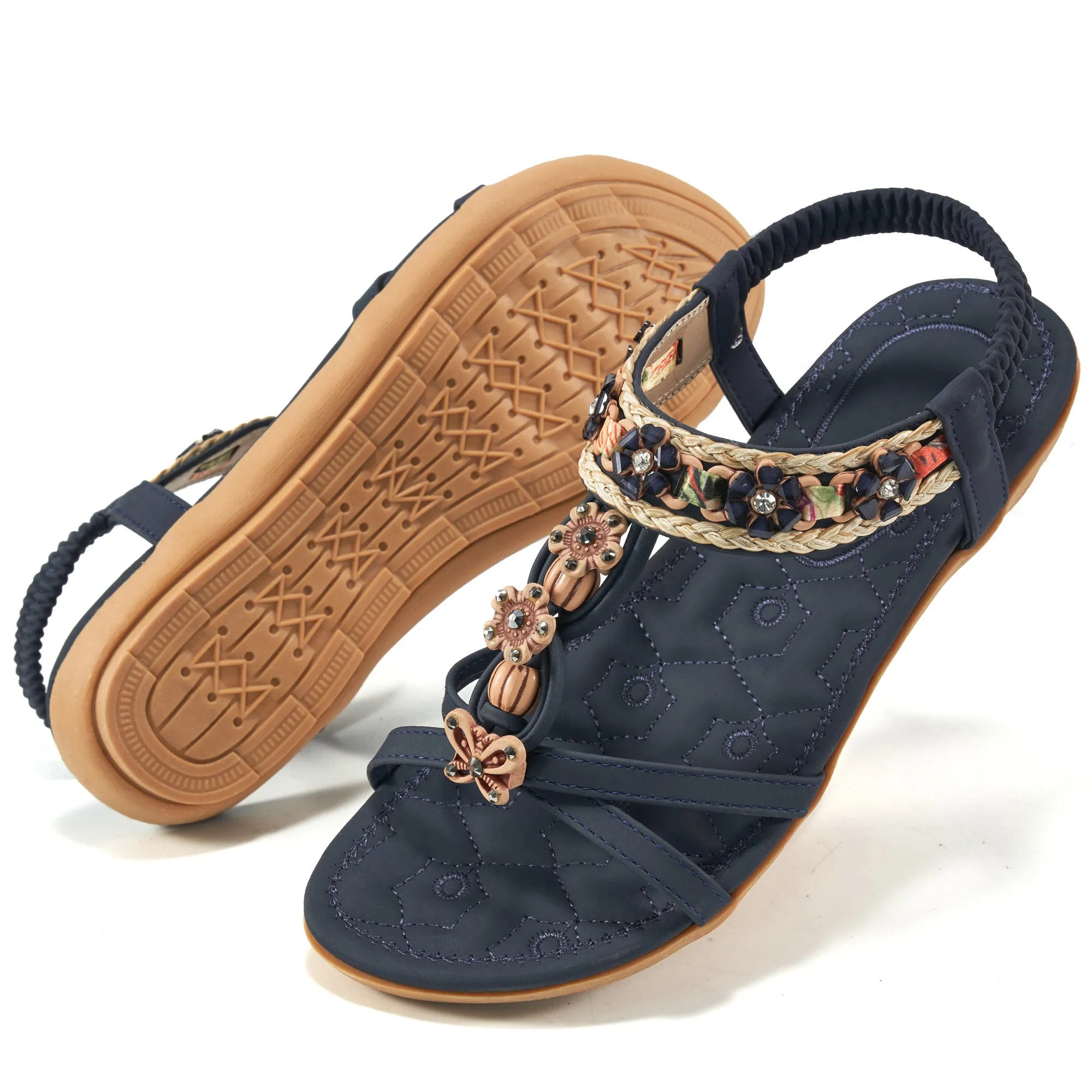 Hrence Womens Flat Sandals String Beads Arch Support Summer Comfort Sandal