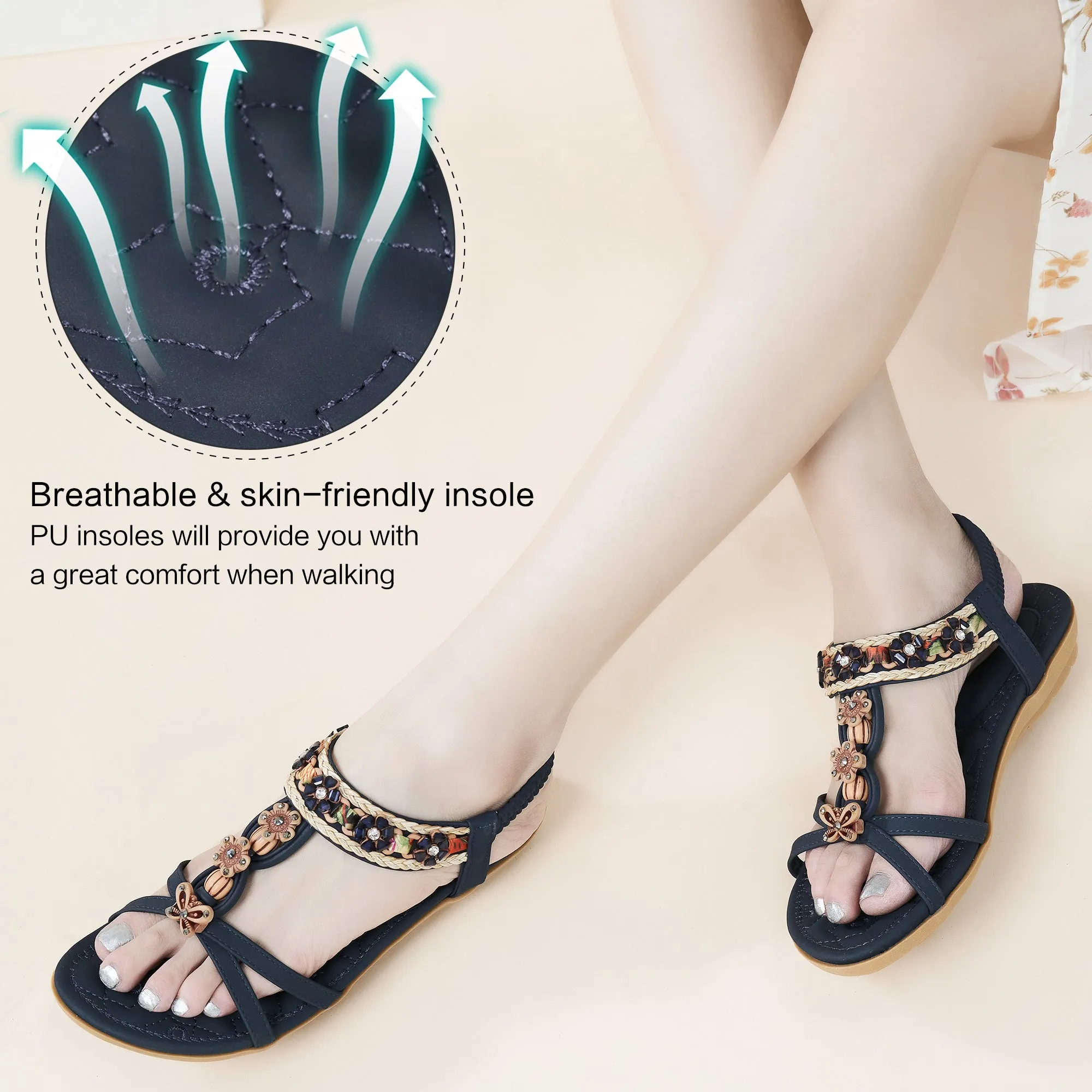 Hrence Womens Flat Sandals String Beads Arch Support Summer Comfort Sandal