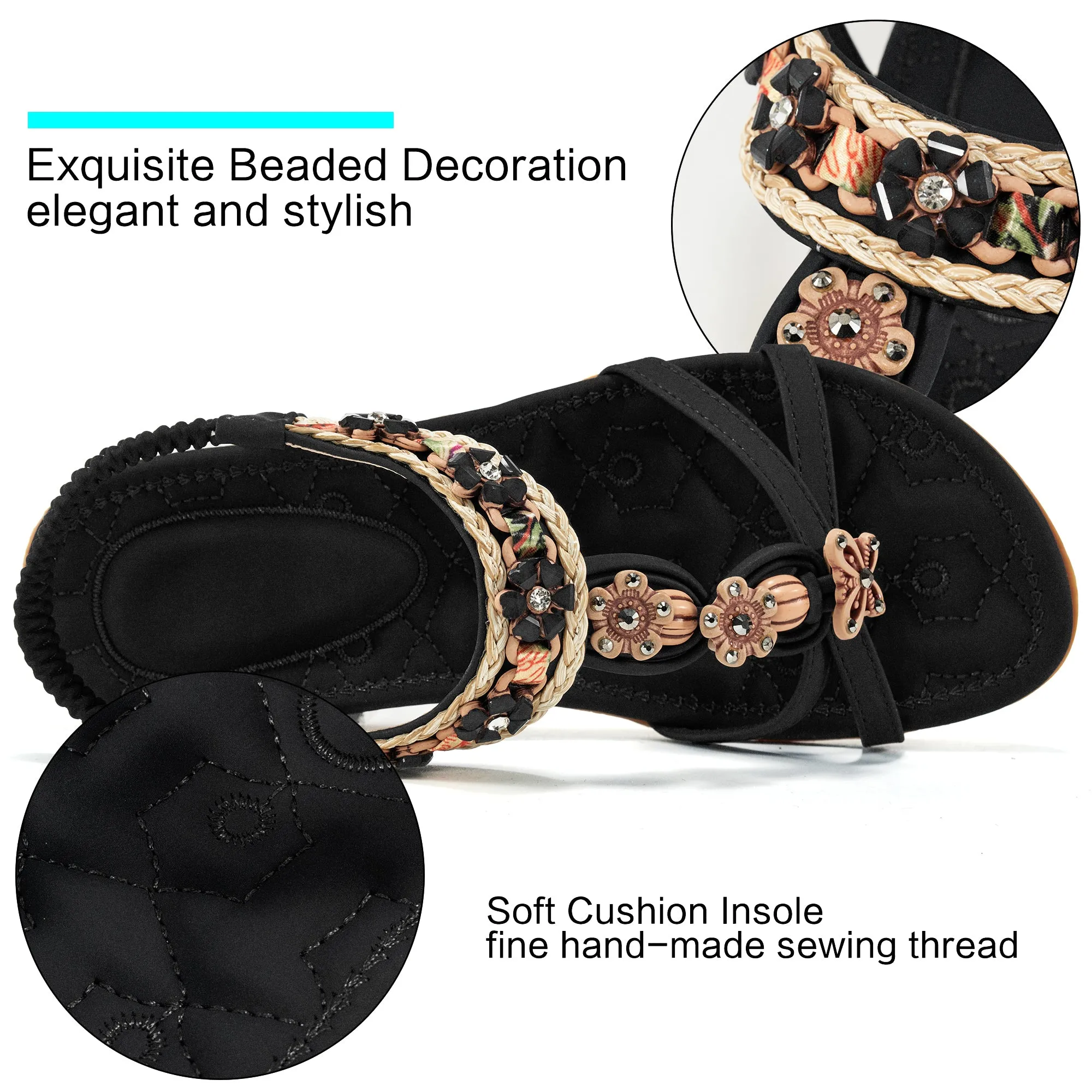 Hrence Womens Flat Sandals String Beads Arch Support Summer Comfort Sandal
