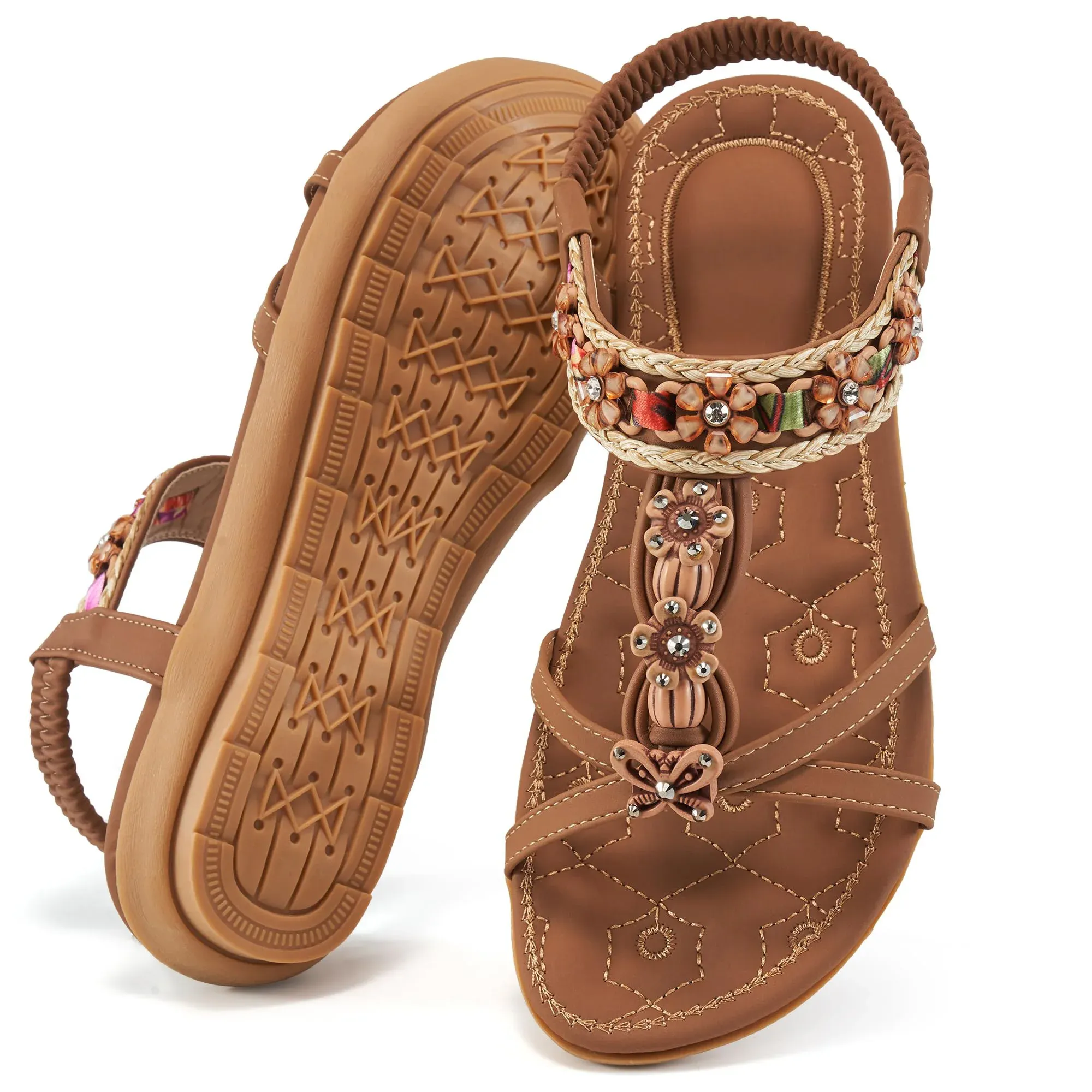 Hrence Womens Flat Sandals String Beads Arch Support Summer Comfort Sandal