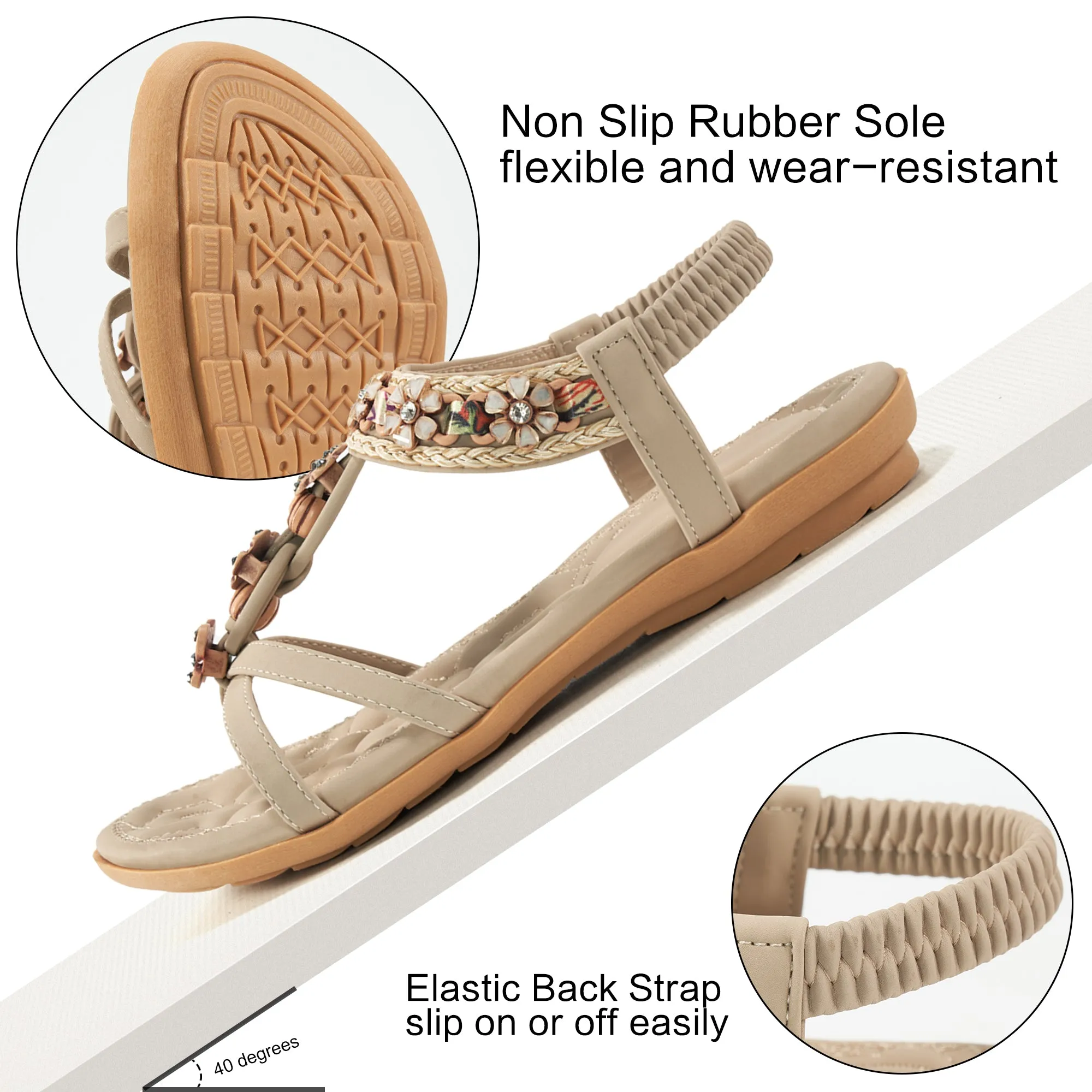 Hrence Womens Flat Sandals String Beads Arch Support Summer Comfort Sandal
