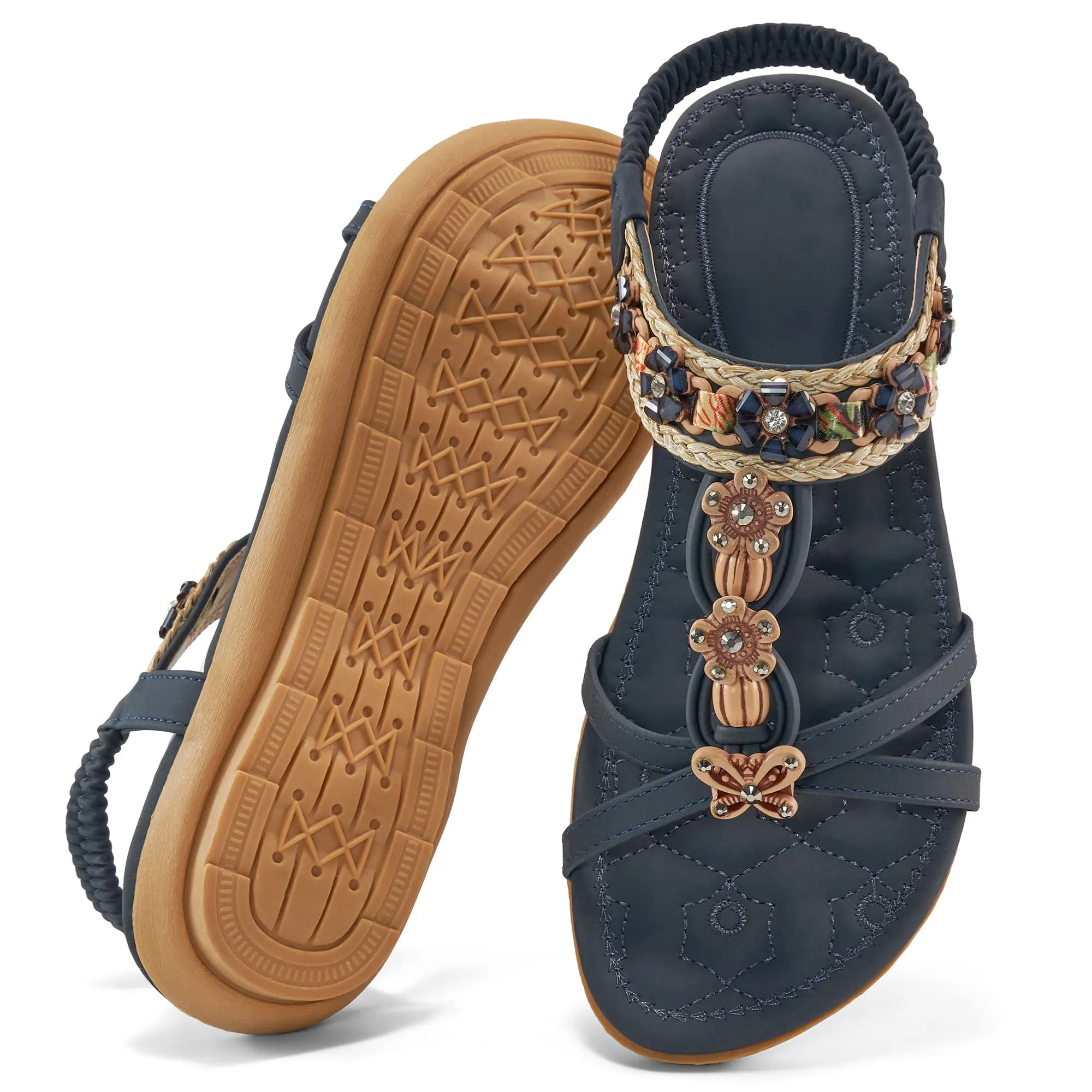 Hrence Womens Flat Sandals String Beads Arch Support Summer Comfort Sandal