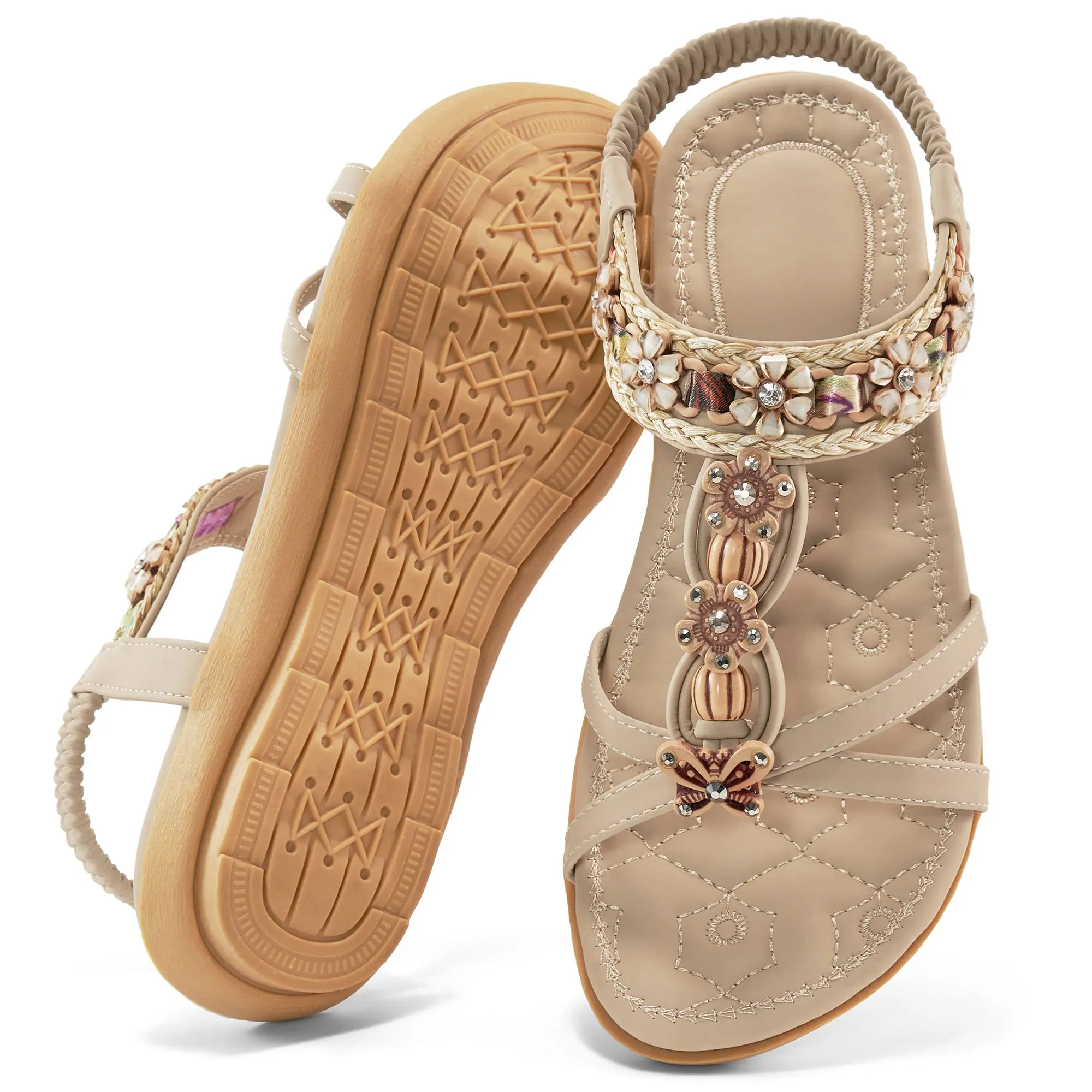 Hrence Womens Flat Sandals String Beads Arch Support Summer Comfort Sandal