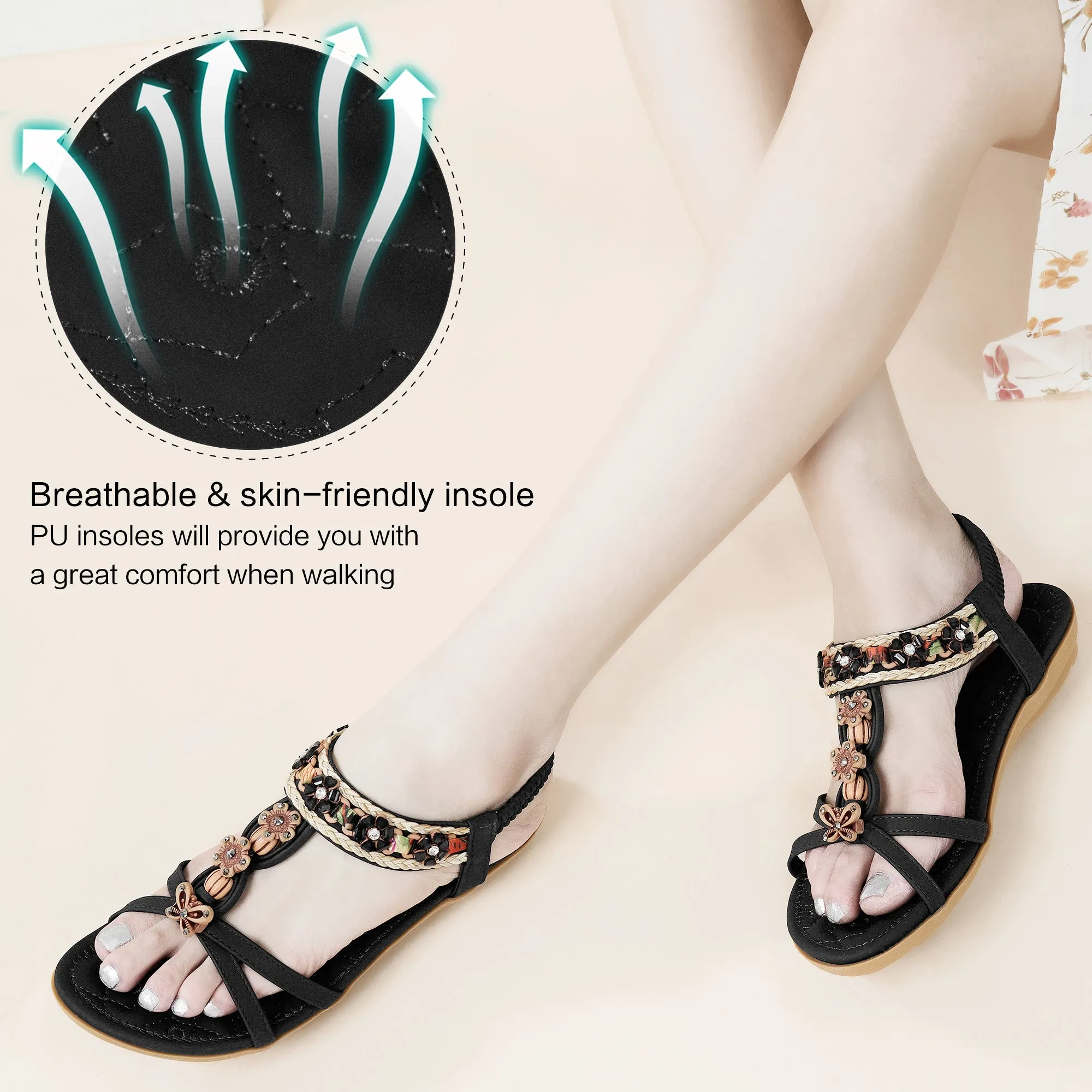 Hrence Womens Flat Sandals String Beads Arch Support Summer Comfort Sandal